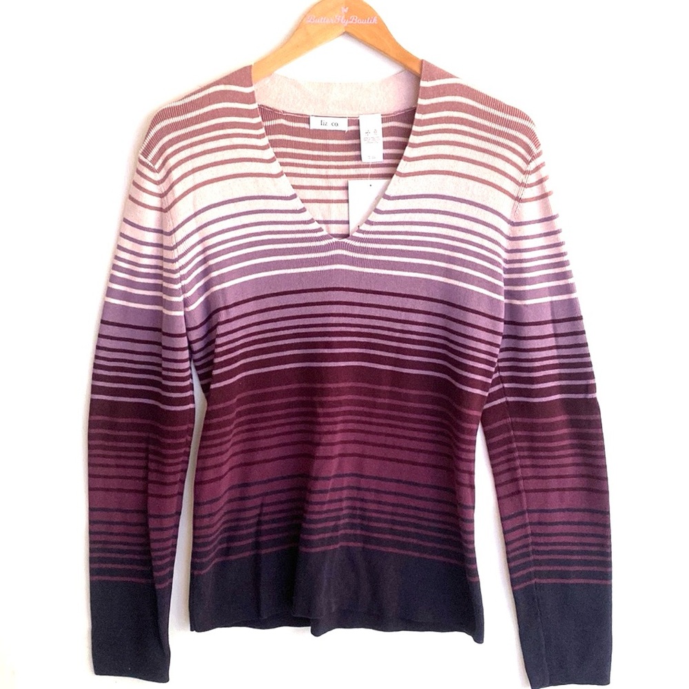 (B38) Vintage Liz & Co. Long-sleeve V-neck striped sweater, Size‎ XL, NWT